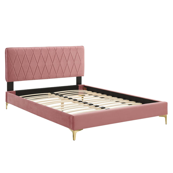 Phillipa Performance Velvet Platform Bed With Gold Metal Legs