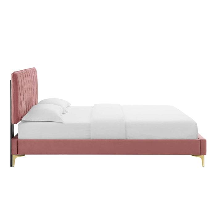 Phillipa Performance Velvet Platform Bed With Gold Metal Legs