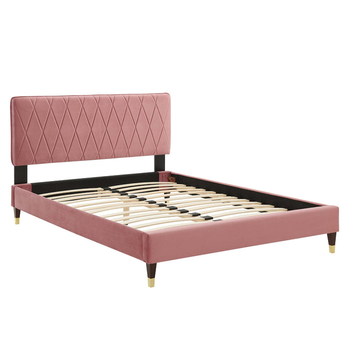 Phillipa Performance Velvet Platform Bed With Wood and Gold Legs