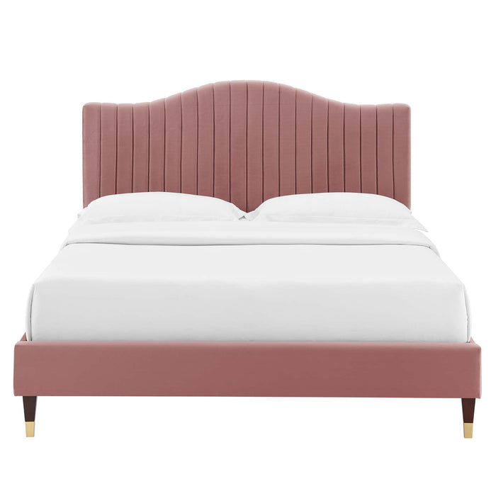 Juniper Channel Tufted Performance Velvet Platform Bed With Wood and Gold Legs