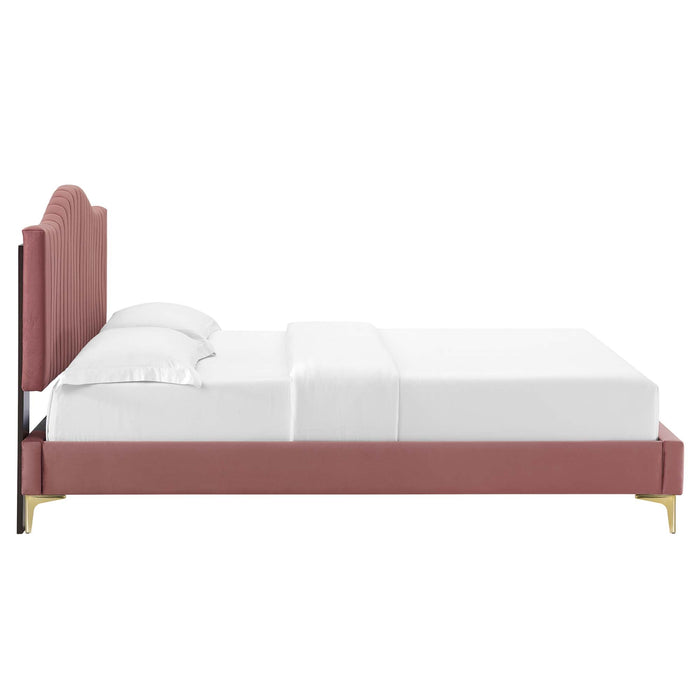 Juniper Channel Tufted Performance Velvet Platform Bed With Gold Metal Legs