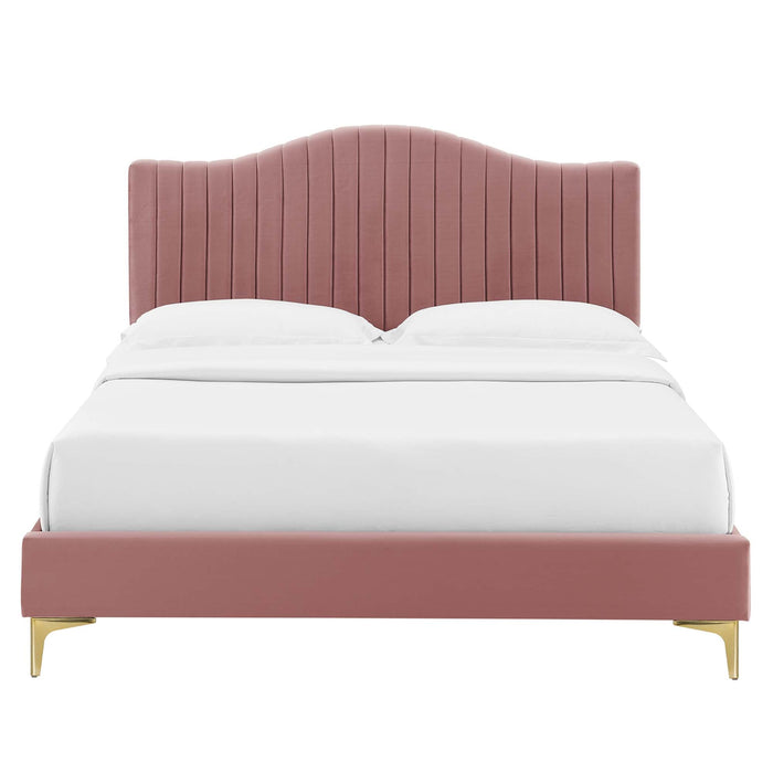 Juniper Channel Tufted Performance Velvet Platform Bed With Gold Metal Legs