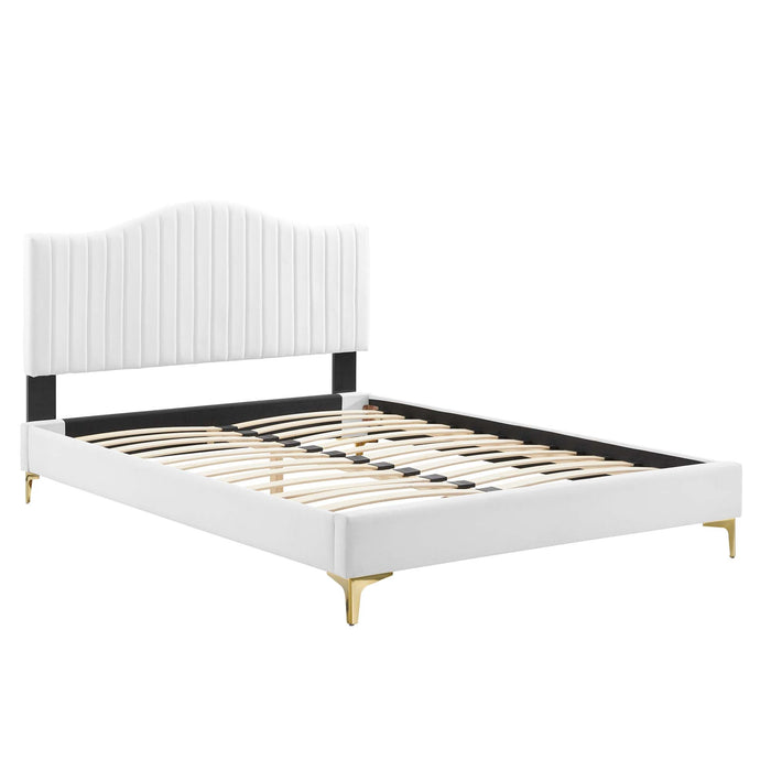 Juniper Channel Tufted Performance Velvet Platform Bed With Gold Metal Legs