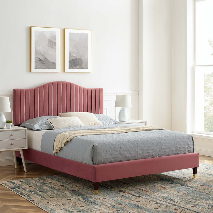 Juniper Channel Tufted Performance Velvet Platform Bed With Wood and Gold Legs