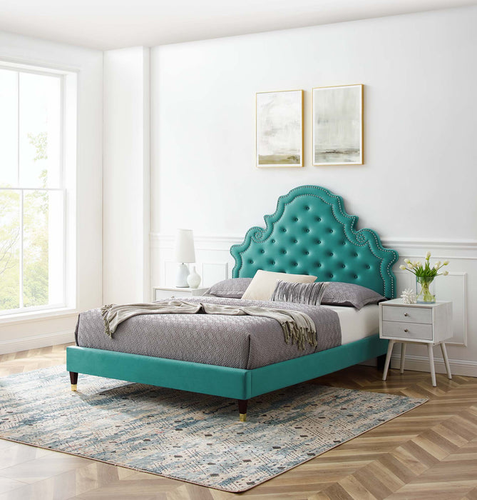 Gwyneth Tufted Performance Velvet Platform Bed With Wood and Gold Legs