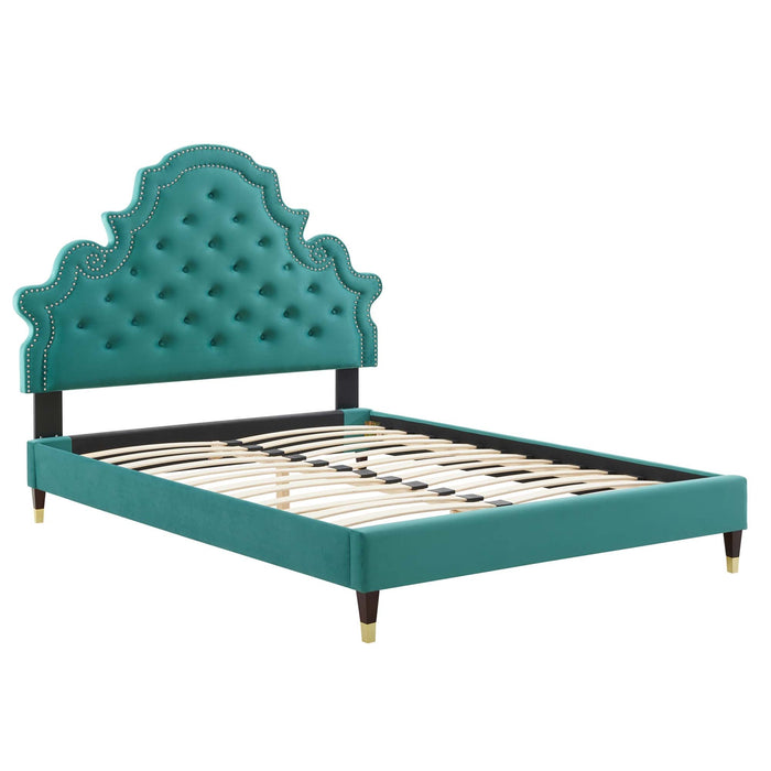 Gwyneth Tufted Performance Velvet Platform Bed With Wood and Gold Legs