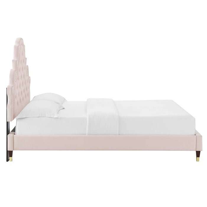 Gwyneth Tufted Performance Velvet Platform Bed With Wood and Gold Legs