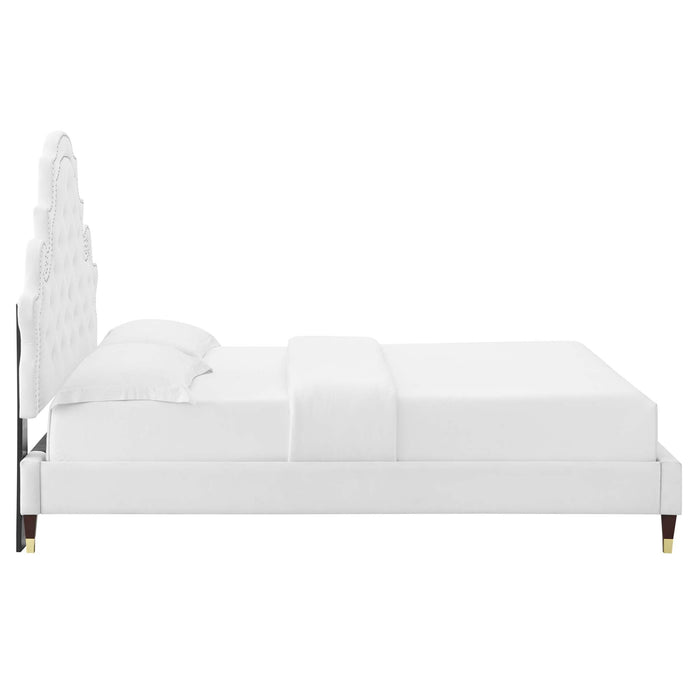 Gwyneth Tufted Performance Velvet Platform Bed With Wood and Gold Legs