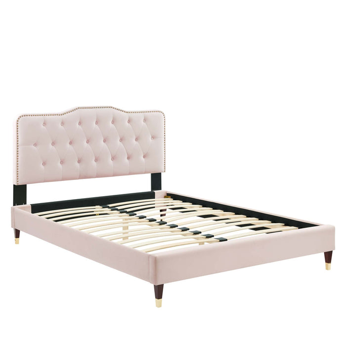 Amber Performance Velvet Platform Bed With Wood and Gold Legs