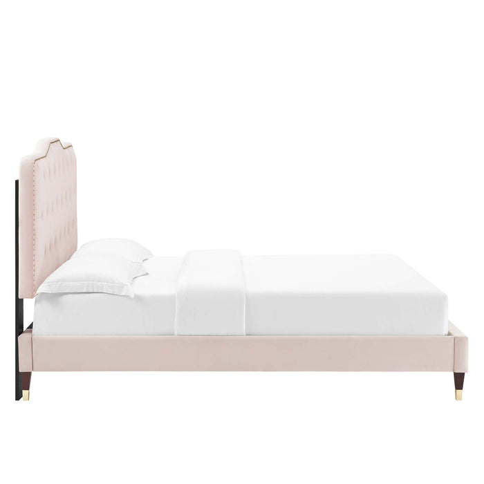 Amber Performance Velvet Platform Bed With Wood and Gold Legs