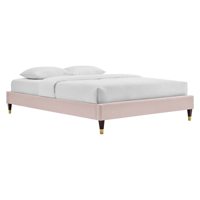 Amber Performance Velvet Platform Bed With Wood and Gold Legs