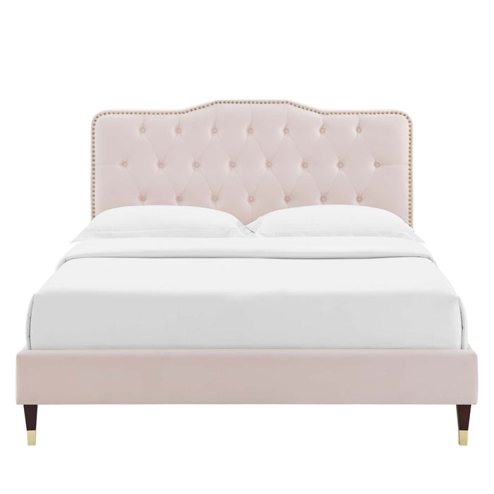 Amber Performance Velvet Platform Bed With Wood and Gold Legs