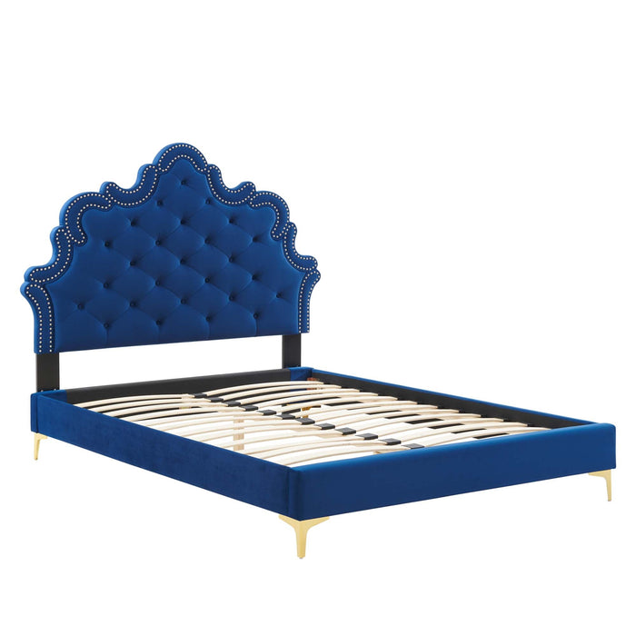 Sasha Button-Tufted Performance Velvet Bed With Gold Metal Legs