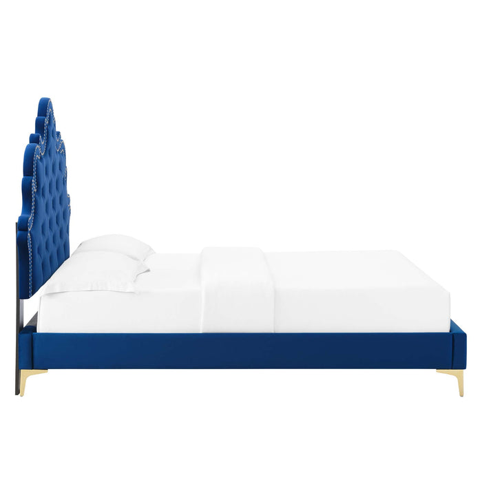 Sasha Button-Tufted Performance Velvet Bed With Gold Metal Legs