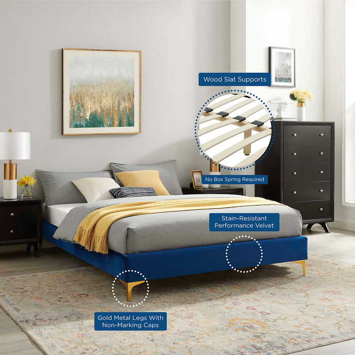 Neena Performance Velvet Bed With Gold Metal Legs