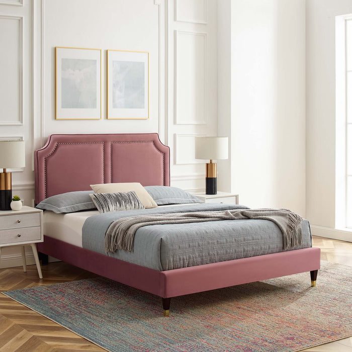 Novi Performance Velvet Bed With Wood and Gold Legs