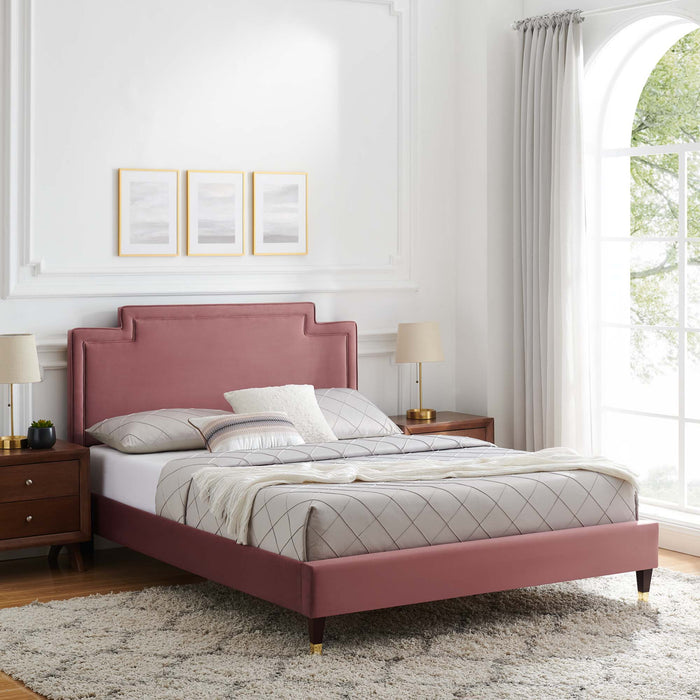 Liva Performance Velvet Bed With Wood and Gold Legs