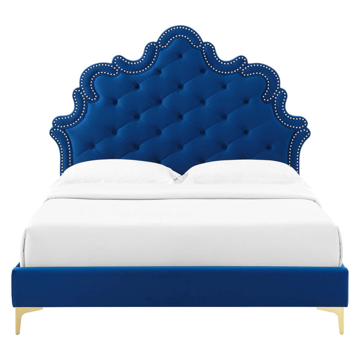 Sasha Button-Tufted Performance Velvet Bed With Gold Metal Legs