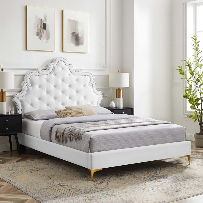 Sasha Button-Tufted Performance Velvet Bed With Gold Metal Legs