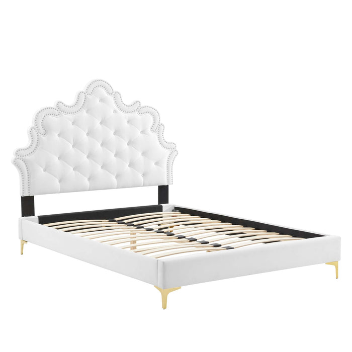 Sasha Button-Tufted Performance Velvet Bed With Gold Metal Legs