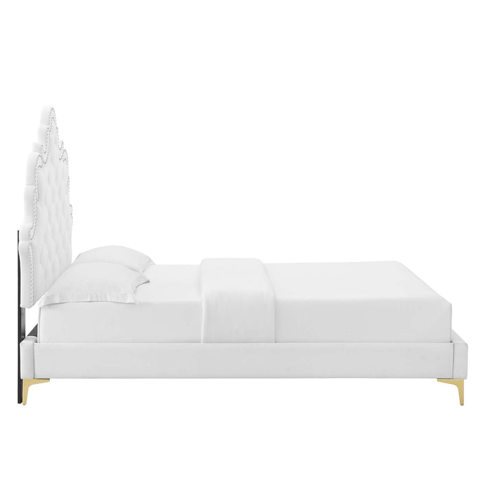 Sasha Button-Tufted Performance Velvet Bed With Gold Metal Legs