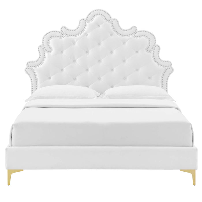 Sasha Button-Tufted Performance Velvet Bed With Gold Metal Legs