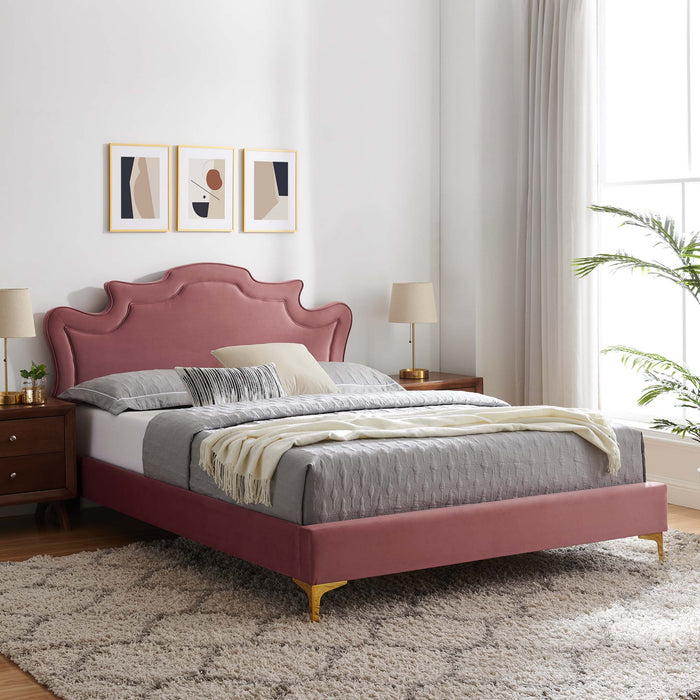 Neena Performance Velvet Bed With Gold Metal Legs