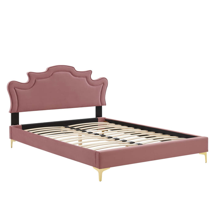 Neena Performance Velvet Bed With Gold Metal Legs