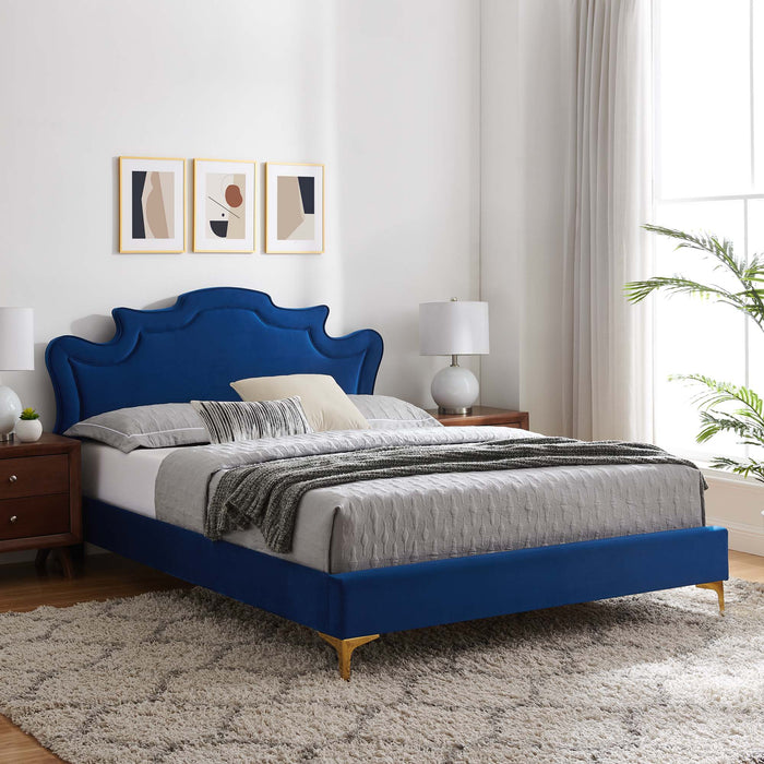 Neena Performance Velvet Bed With Gold Metal Legs