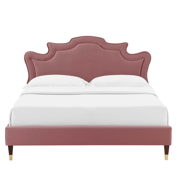 Neena Performance Velvet Bed With Wood and Gold Legs