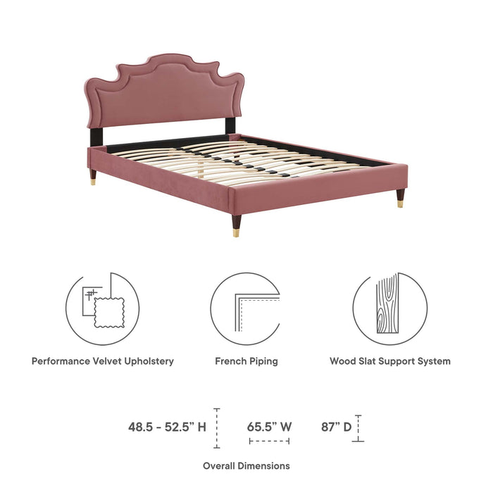 Neena Performance Velvet Bed With Wood and Gold Legs