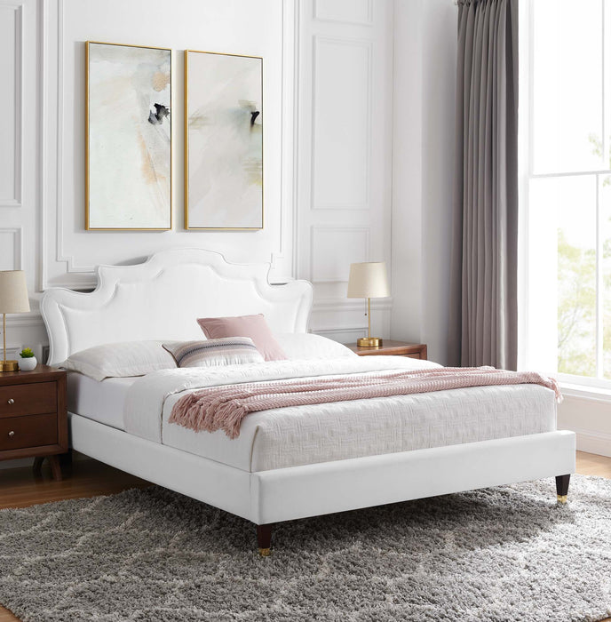 Neena Performance Velvet Bed With Wood and Gold Legs