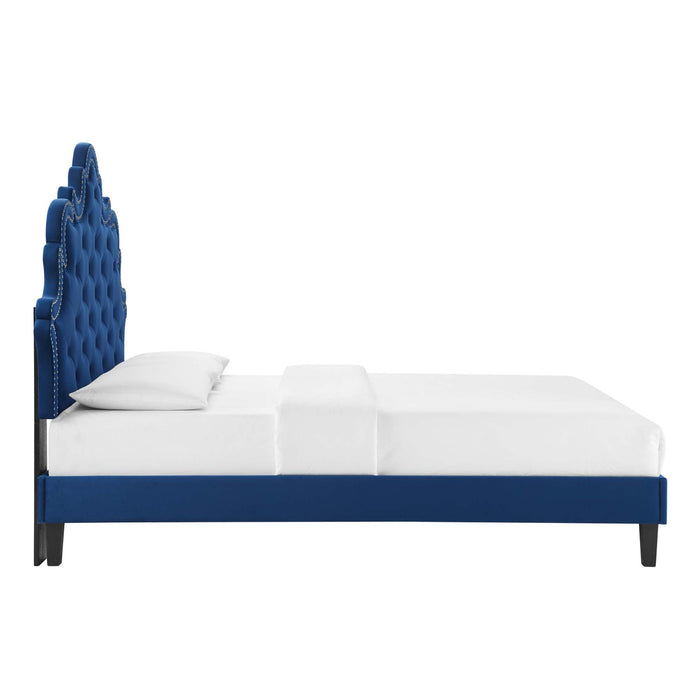 Sasha Button-Tufted Performance Velvet Bed With Black Wood Legs