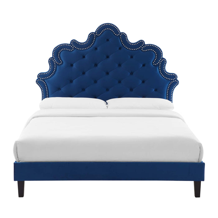 Sasha Button-Tufted Performance Velvet Bed With Black Wood Legs