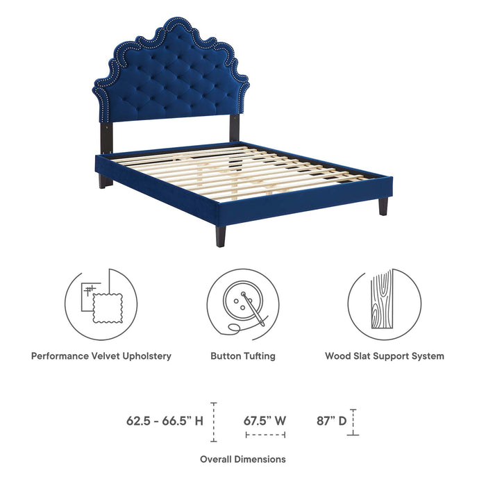 Sasha Button-Tufted Performance Velvet Bed With Black Wood Legs