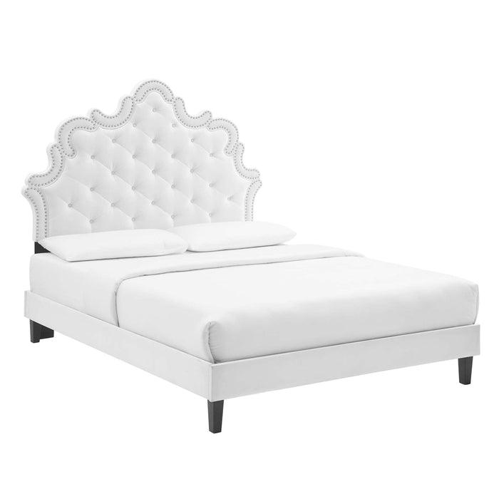 Sasha Button-Tufted Performance Velvet Bed With Black Wood Legs