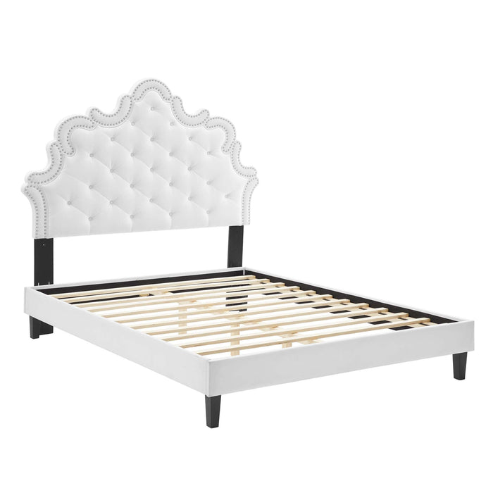 Sasha Button-Tufted Performance Velvet Bed With Black Wood Legs