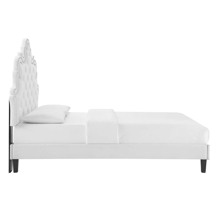 Sasha Button-Tufted Performance Velvet Bed With Black Wood Legs