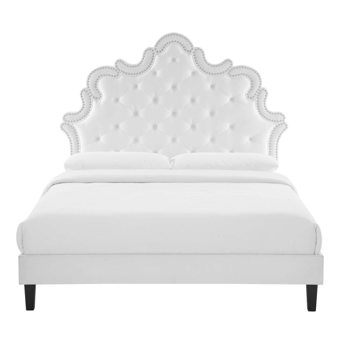 Sasha Button-Tufted Performance Velvet Bed With Black Wood Legs