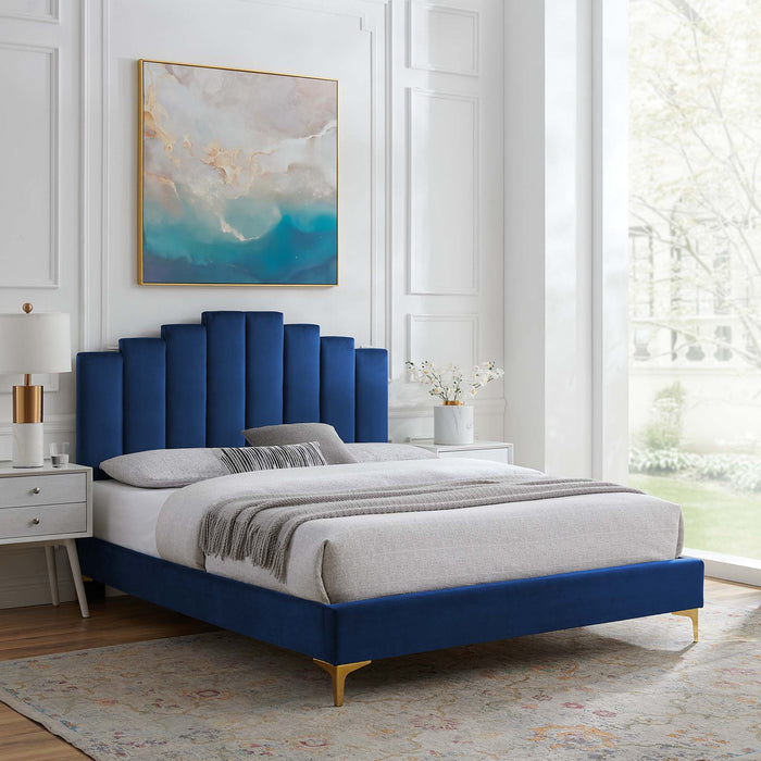 Elise Performance Velvet Platform Bed With Gold Metal Legs