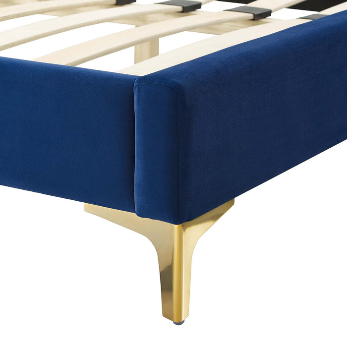 Elise Performance Velvet Platform Bed With Gold Metal Legs