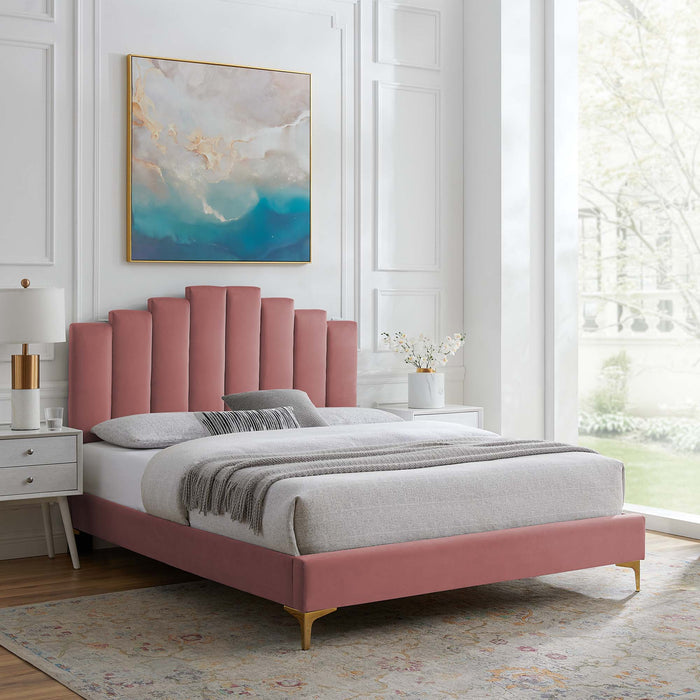 Elise Performance Velvet Platform Bed With Gold Metal Legs