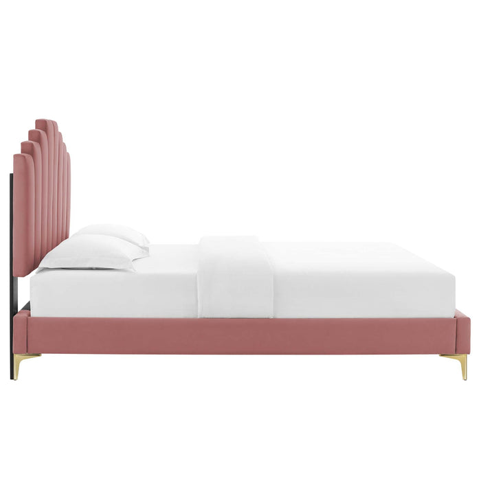 Elise Performance Velvet Platform Bed With Gold Metal Legs