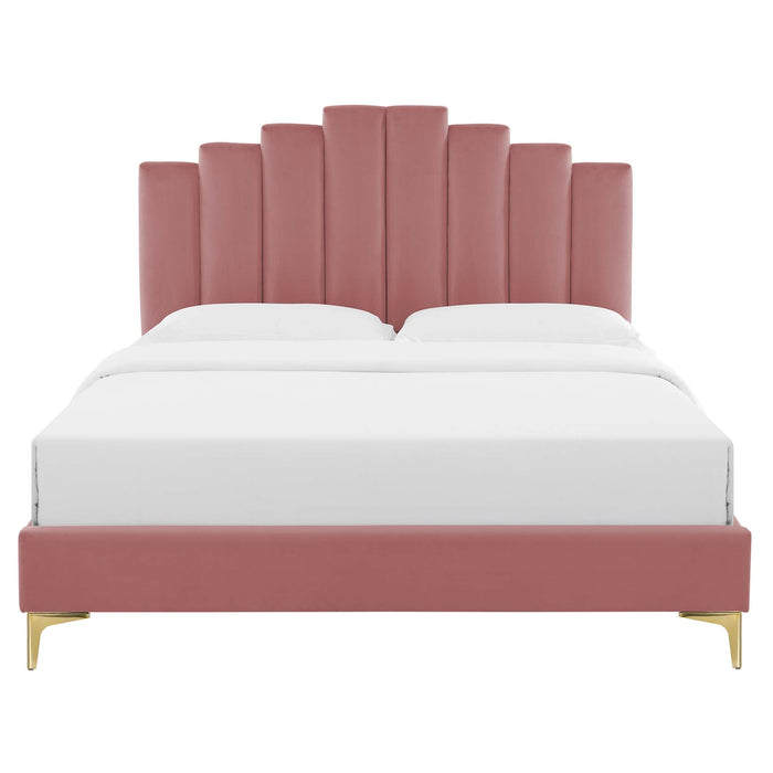 Elise Performance Velvet Platform Bed With Gold Metal Legs