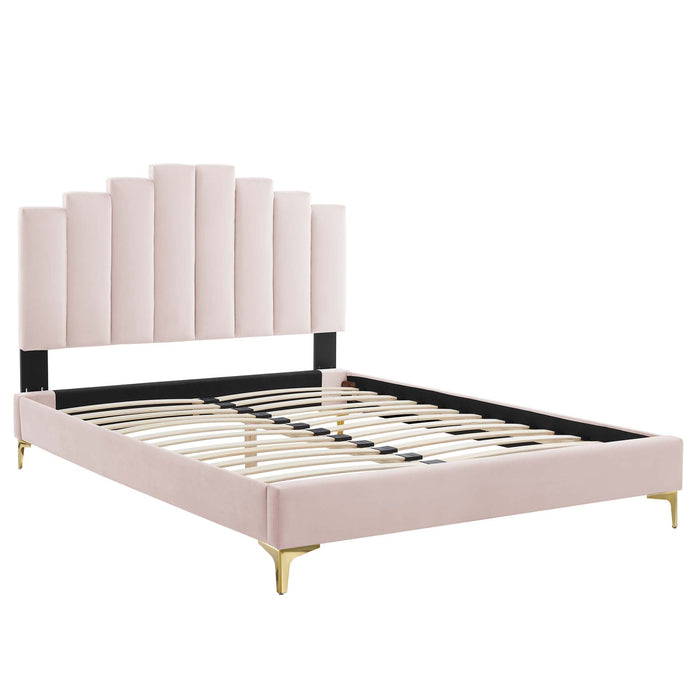 Elise Performance Velvet Platform Bed With Gold Metal Legs