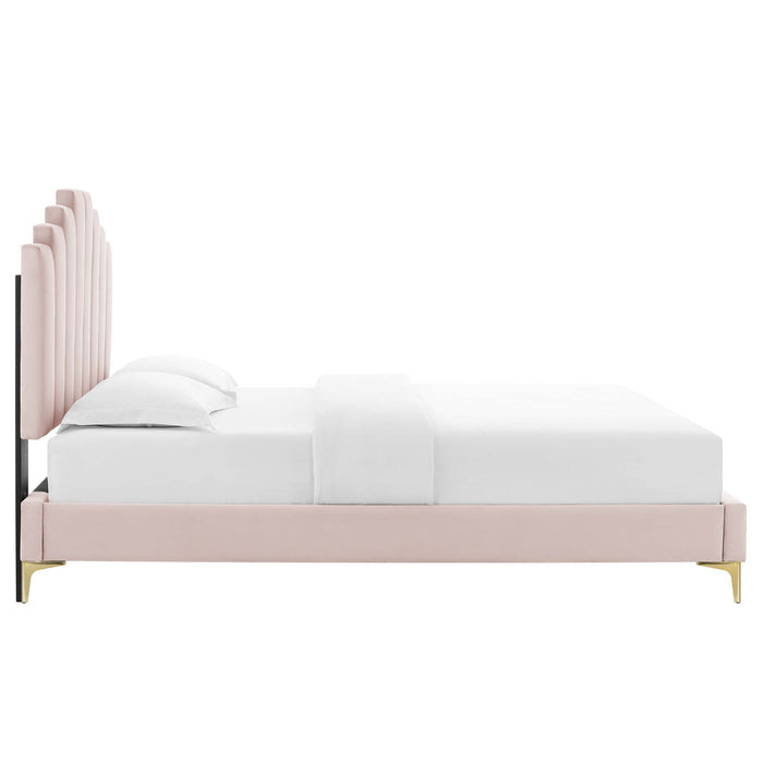 Elise Performance Velvet Platform Bed With Gold Metal Legs