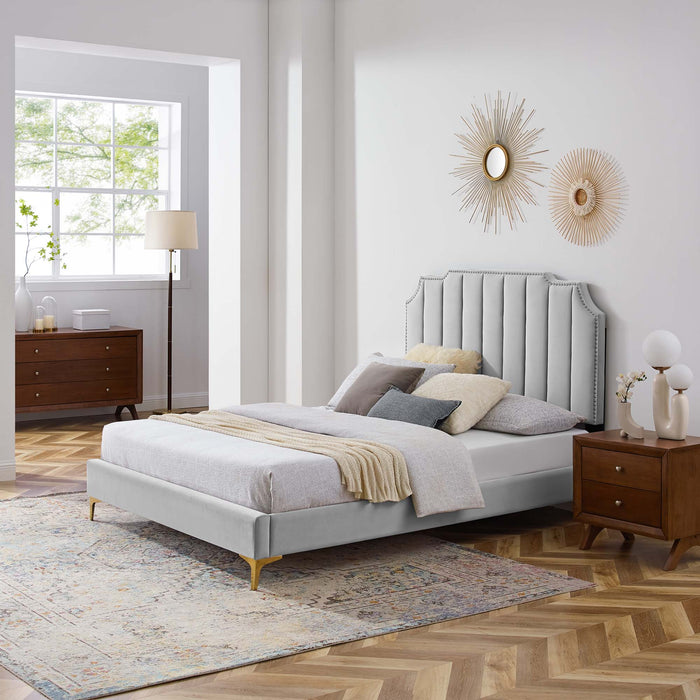 Colette Performance Velvet Platform Bed With Gold Metal Legs