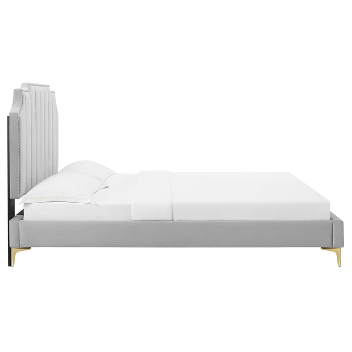 Colette Performance Velvet Platform Bed With Gold Metal Legs