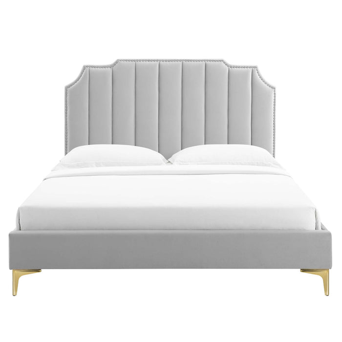 Colette Performance Velvet Platform Bed With Gold Metal Legs