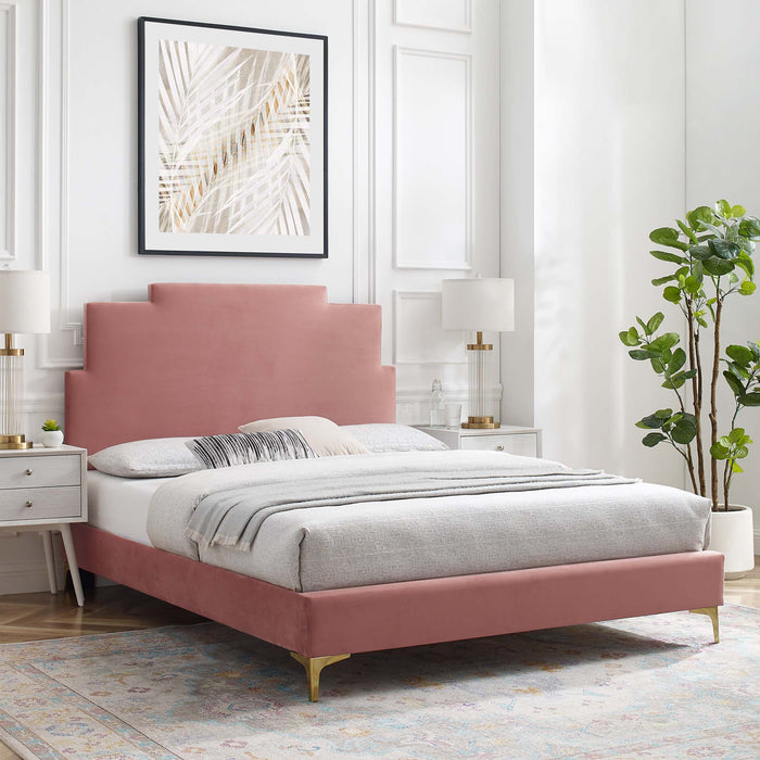 Lindsey Performance Velvet Platform Bed With Gold Metal Legs